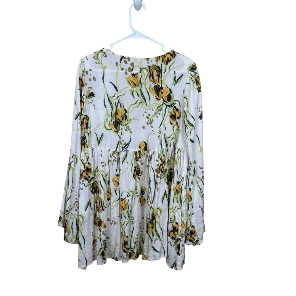Free People Bella Print Floral Tunic Top V-Neck Bohemian Flowy Bell Sleeve Sz‎ S